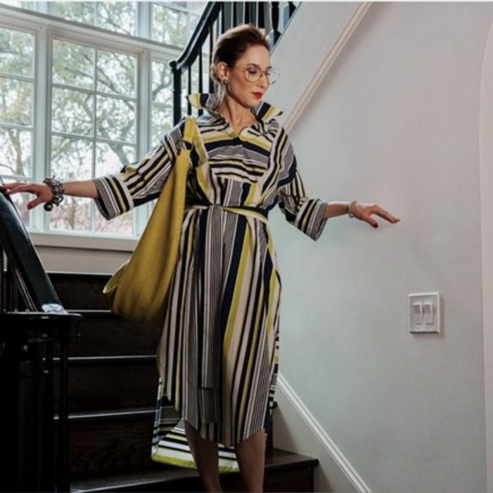 Carla Rockmore Everywhere Everyday Dress Midi Blue/White Stripe Button Up XXL